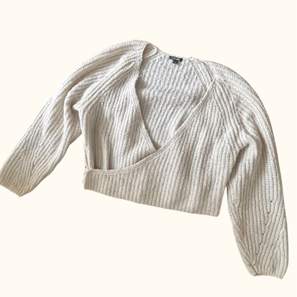 Wild Fable Wrap Sweater Pointelle Sleeves V Neck Ivory Size Small Chunky Knit - Picture 12 of 12